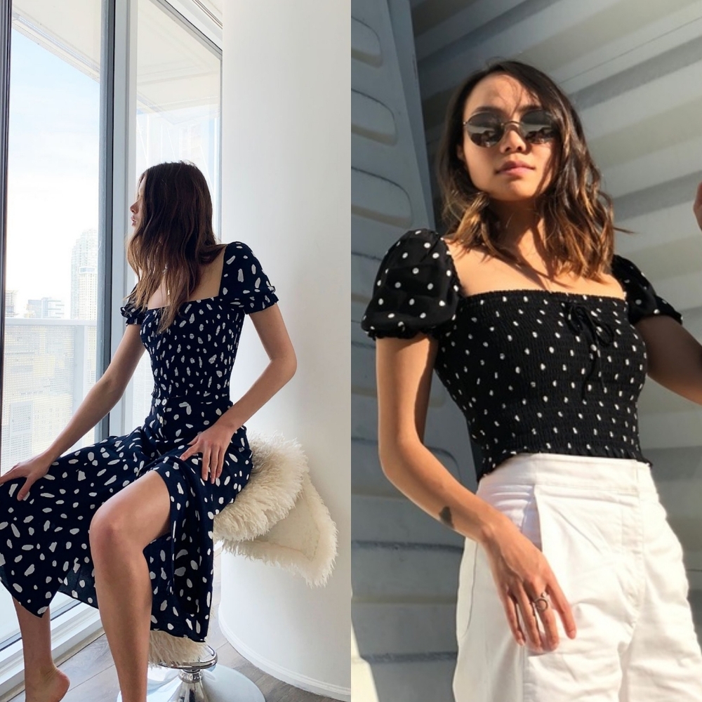 🌞Artizia Wilfred Smocked Polkadot Blouse Square nmNeckline Black White  XS